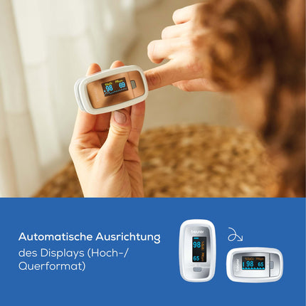 Beurer PO 30 pulse oximeter, measures oxygen saturation (SpO₂) and heart rate (pulse), finger oximeter with color display, painless application on the finger, 6.1 x 3.6 x 3.2 cm, white