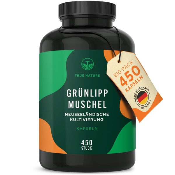 Green-lipped mussel - 450 capsules - 50% more content - High dosage: 2000mg per daily dose - No additives - Cultivated in New Zealand - German production - TRUE NATURE®