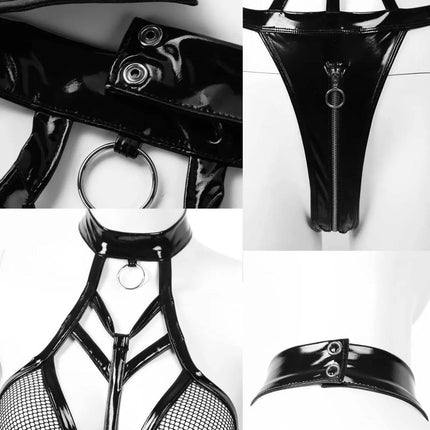 ROSVAJFY Women's Sexy Leather Mesh Zipper Body Halter Teddy Bodysuit Wetlook Latex Catsuit One-Piece Jumpsuit Transparent Mesh Negligee Hollow Bikini Lingerie Party Clubwear Outfit (M)