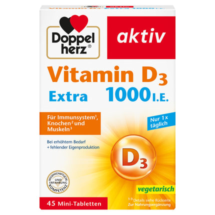 Doppelherz Vitamin D 1000 - Vitamin D as a contribution to the normal function of the immune system, bone and muscle function - 45 mini tablets