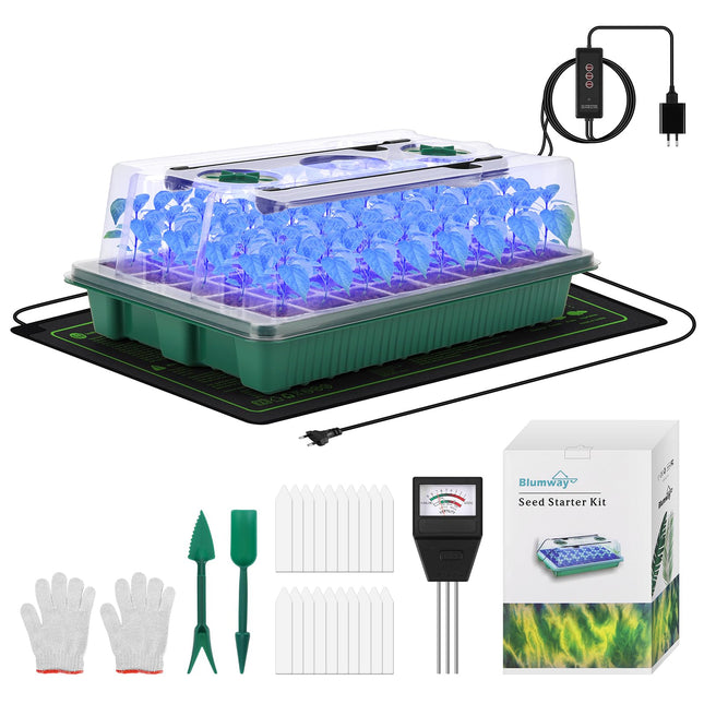 3-in-1 Seedling Starter Trays with Grow Light, Heat Mat, Soil Meter Set, 40 Cells Seedling Tray with Humidity Dome for Indoor Plant