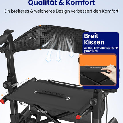 VOCIC Rollator Foldable and Lightweight with Seat, Outdoor Rollator with Rubber Non-Pneumatic Tires for All Terrain, Aluminum Height-Adjustable Rollators for Outdoors &amp; Cross-Country Skiing &amp; Travel, Black (5-Year Warranty)