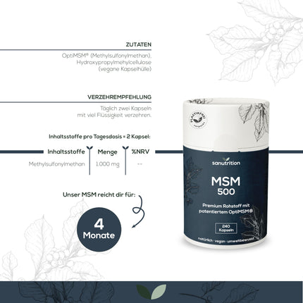 MSM 500 mg per capsule | 240 capsules | High dosage | Organic sulfur | With OptiMSM® branded raw material with particularly good bioavailability | Vegan | Natural paper packaging