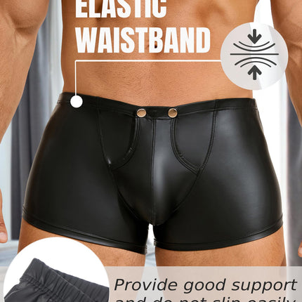 Sexy boxer shorts men with opening PU leather underwear with pouch large sizes wetlook underpants with buttons sissy lingerie men sexy underwear erotic shorts briefs hipster gay clubwear (black, M)