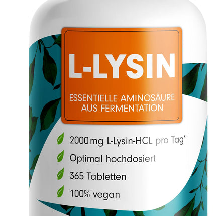 L-Lysine Tablets 365x - optimally high-dose with 2000 mg lysine HCL per day, of which 1600 mg pure L-Lysine - essential amino acid from fermentation - 100% vegan - laboratory-tested with certificate