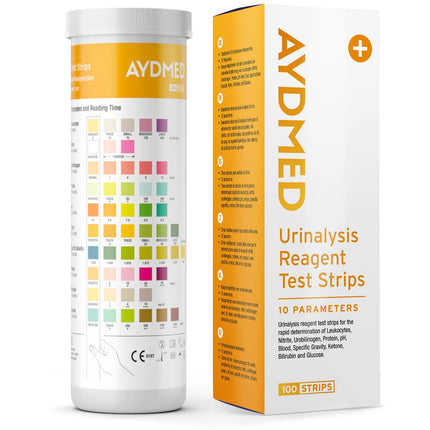100 x Aydmed Urinalysis Test Strips 10 Parameter Urine Test Strips for Leukocytes, Nitrite, Urobilinogen, Protein, pH, Blood, Specific Gravity, Ketone, Bilirubin and Glucose