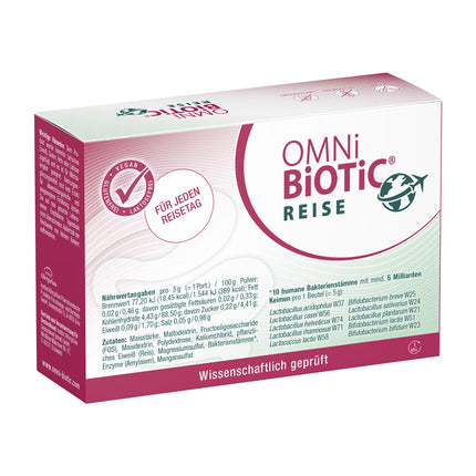 OMNi BiOTiC Travel | 14 servings (70g) | 10 bacterial strains | 5 billion germs per daily dose | Powder | Vegan | Gluten-free | Lactose-free | For daily use