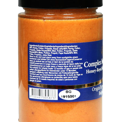450 g honey contains pollen, beeswax, propolis, and royal jelly