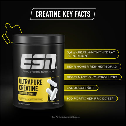 ESN Ultrapure Creatine Monohydrate, 300 Capsules, 100 Servings, Creatine Capsules, Microfine &amp; Perfectly Soluble, Vegan - Made in Germany