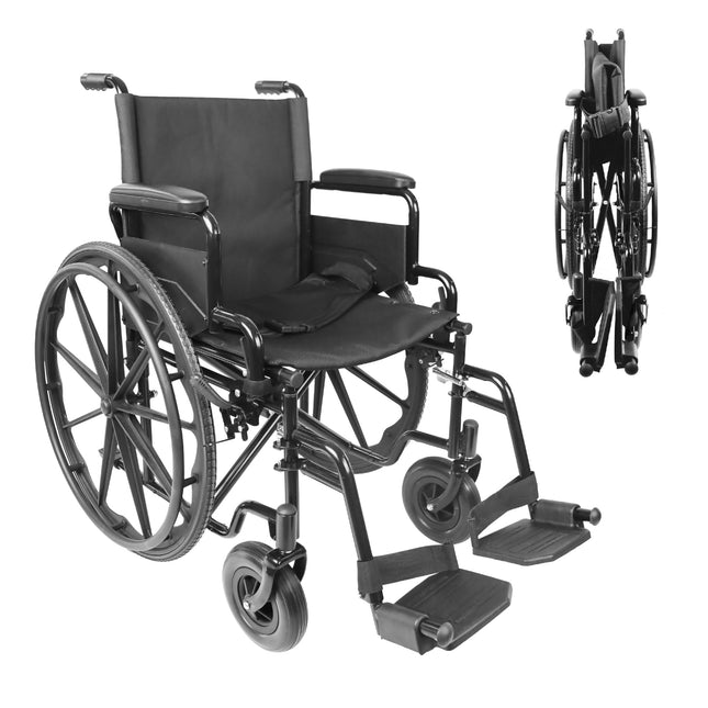 PEPE Mobility - Lightweight Foldable Wheelchair (Steel Construction 17.5 kg), Foldable Armrests and Footrests, Puncture-Proof Tires for All Terrains