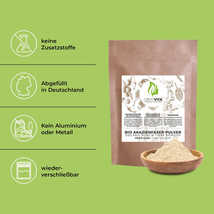 Organic Acacia Fiber Powder 400 g – E414 Gum Arabic Type 4918 | 90% fiber, soluble &amp; tasteless | vegan, gluten-free, non-GMO | Made in Germany - DE-ÖKO-037 | GreatVita