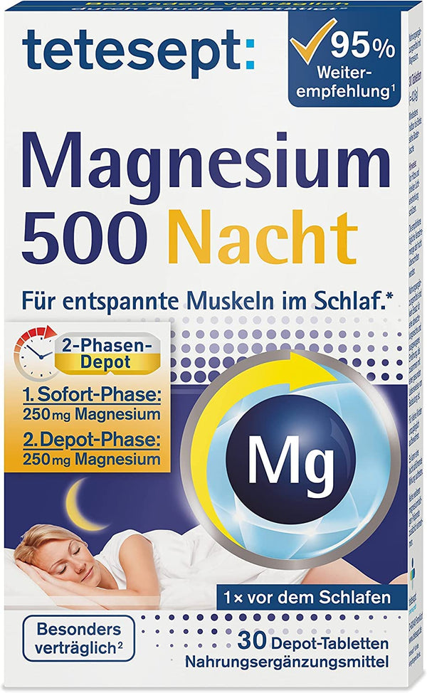 tetesept Magnesium 500 Night – dietary supplement with high-dose magnesium – relaxed muscles during sleep with magnesium tablets – 1 x 30 tablets