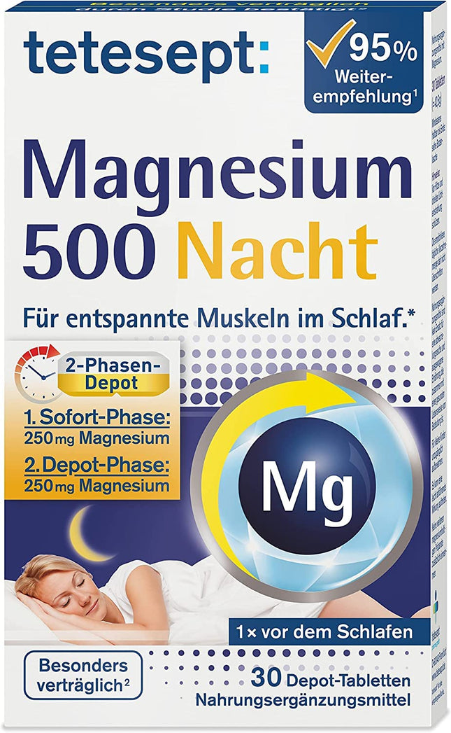 tetesept Magnesium 500 Night – dietary supplement with high-dose magnesium – relaxed muscles during sleep with magnesium tablets – 1 x 30 tablets