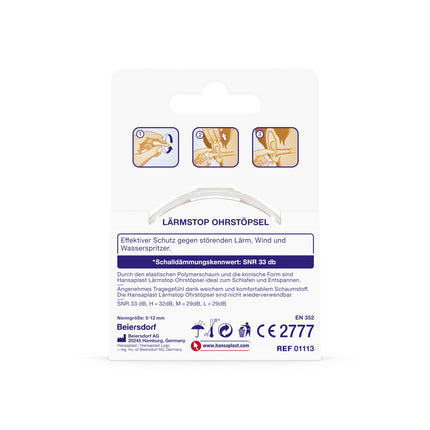 Hansaplast Noise Stop Earplugs (6 pieces), gentle hearing protection ideal for sleeping and relaxing, earplugs reduce noise by 33db