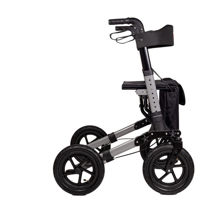 Antar travel rollator with pneumatic tires, folds multiple times for transport. AT51036