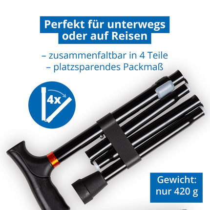 Weinberger telescopic walking stick, sturdy, foldable, height-adjustable, non-slip, comfortable, only 420 grams, max. 136 kg, travel walking stick, 48748, black