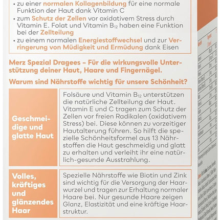 Merz Special Skin Hair Nails Coated Tablets – 1 x 120 Coated Tablets – Food supplement with 13 micronutrients for radiant skin, shiny hair and strong fingernails