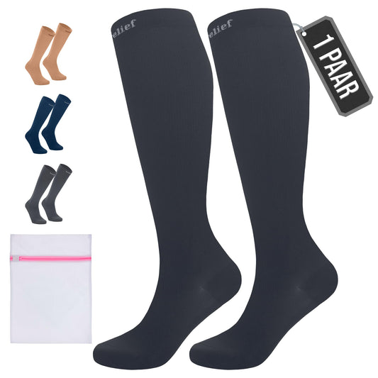 360 Relief Kompressionsstrümpfe Damen und Herren - 1 Paar Kompressionssocken Einfarbig für Sport, Laufen, Flug, Reise, Joggen, Radsport, Kniestrümpfe, L/XL Schwarz mit Wäschenetz
