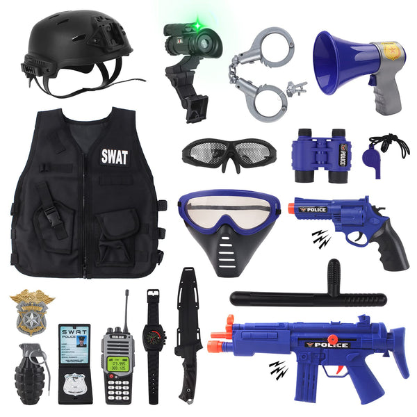 deAO Police Role Play Set for Children, Police Costume for Children with Vest, Helmet, Toy Grenades, Handcuffs, Walkie Talkie, Police Toys for Children Boys Carnival Halloween