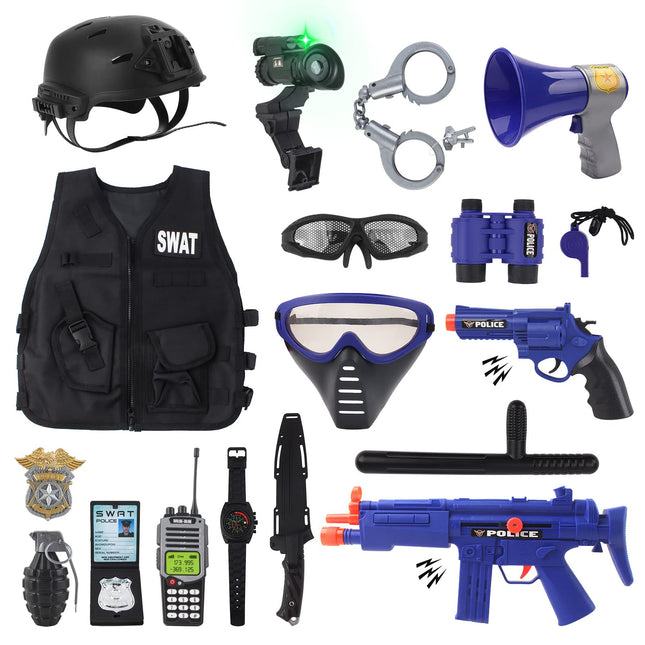 deAO Police Role Play Set for Children, Police Costume for Children with Vest, Helmet, Toy Grenades, Handcuffs, Walkie Talkie, Police Toys for Children Boys Carnival Halloween