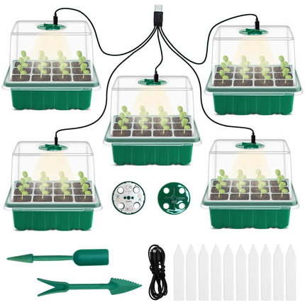 DOUUCO 5 Pack Indoor Greenhouse Propagator, Mini Greenhouse Propagator with Sun-like Plant Lights with Full Spectrum, Growing Set with Raised Lid for Ventilation for Seed Cultivation