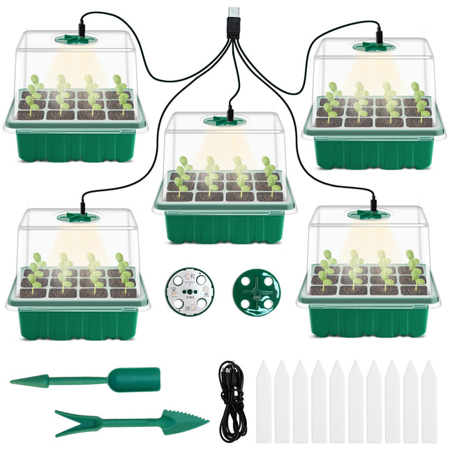 DOUUCO 5 Pack Indoor Greenhouse Propagator, Mini Greenhouse Propagator with Sun-like Plant Lights with Full Spectrum, Growing Set with Raised Lid for Ventilation for Seed Cultivation