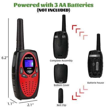 Retevis RT628 Walkie Talkie Set of 4, Children's Radio Long Range, Easter Gifts for Children, Toys for Ages 3-12, Gifts for Birthdays, Holidays, Camping, Adventures (2 Pairs, Red)