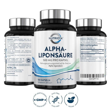 Alpha Lipoic Acid ALA 500mg | 180 high-dose vegan capsules | Helps with inflammation, supports blood sugar regulation and nerve health, effective against tingling feet, hands, limbs, and more