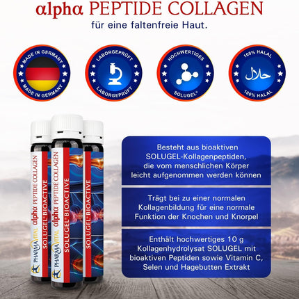 PharmaVital Alpha Peptide Collagen Drinking Ampoules (50 pcs) – 10,000mg Collagen Hydrolysate SOLUGEL(R), Vitamin C Selenium Rosehip, Premium, with bioactive peptides for bones, joints, skin