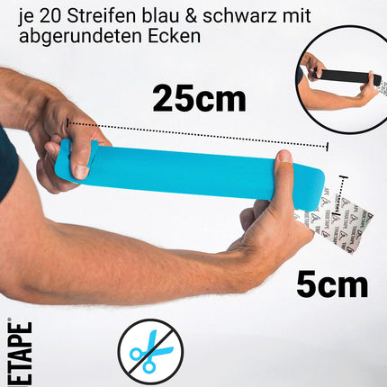 TRUETAPE® Kinesiotape – BASIC Precut – 2 x 20 strips (25 cm x 5 cm) – Pre-cut kinesiology tapes – Waterproof &amp; elastic physio tape for everyday use &amp; sports – Blue &amp; Black