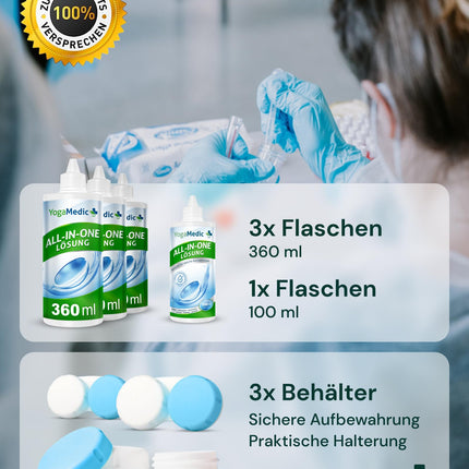 YogaMedic Contact Lens Solution - Lens Solution for Soft Lenses, 3 x 360 ml, 1 x 100 ml &amp; 3 Contact Lens Cases, Contact Lens Solution, All-in-One Combination Solution for Soft Contact Lenses
