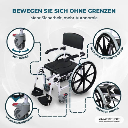 Mobiclinic®, Commode Wheelchair, Height Adjustable, Self-Propelled, Calígula, Folding Footrest and Armrests, With Removable Bowl, Wheel Brake, Aluminum