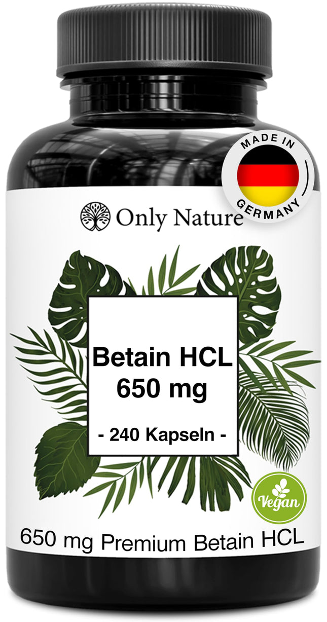 Betaine HCL 650 mg - 240 Capsules - Heartburn Tablets - High Dose - Produced in Germany &amp; Laboratory Tested - Vegan - Betaine HCL