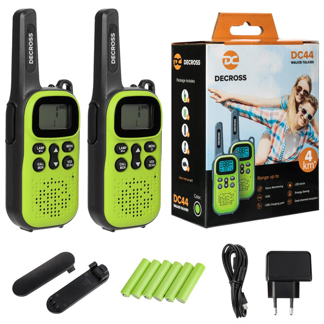 DC DECROSS Walkie Talkies for Kids and Adults, Set of 2 Walkie Talkies up to 4 km, PMR446 16 Channels, VOX, Flashlight, Gift for Boys and Girls Ages 4, 5, 6, 7, 8, Hiking, Camping (Green + Battery)