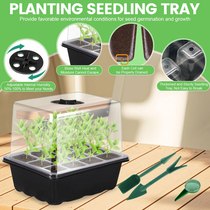 KIMIGO Indoor Greenhouse Propagator, 10 Pieces 120 Cells Mini Greenhouse Propagation Set, Mini Greenhouse Small Propagation Set, Seedling Starter Trays with Lid Ventilation, for Seedling Plant - Black