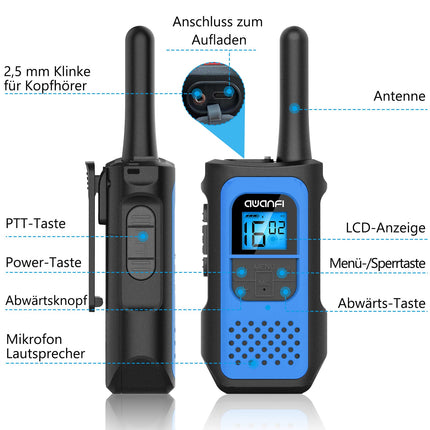 Walkie Talkie, AWANFI Walkie Talkie Set of 3 for Adults and Children, Rechargeable Walkie Talkie with Li-ion Battery, 16 Channels VOX Radio, Walkie Talkie with Type C Charging Cable for Biking, Camping, Hiking