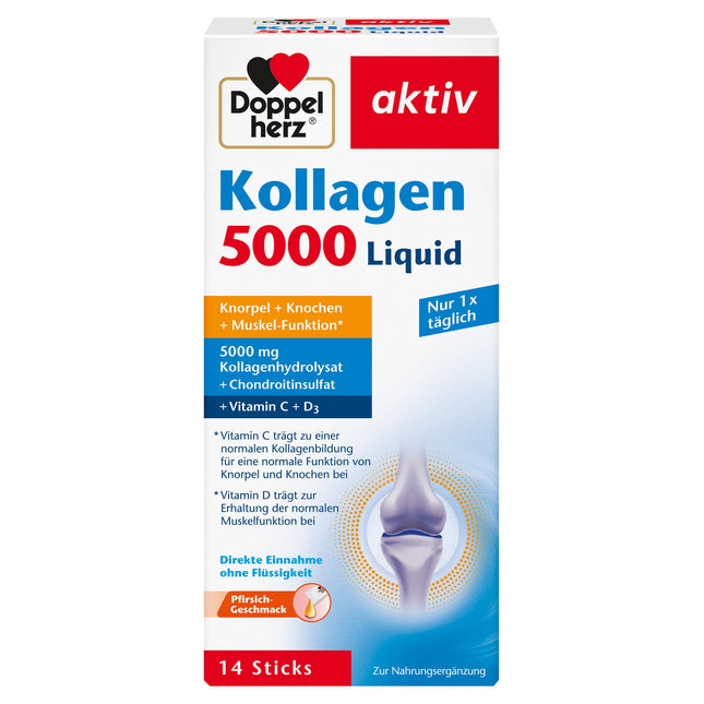 Doppelherz Collagen 5000 Liquid - with collagen hydrolysate, chondroitin sulfate, vitamins, and manganese - 14 peach-flavored sticks