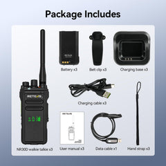 Retevis NR30D Long Range Walkie Talkies, DMR Two-Way Radios, Next-Gen Noise Cancellation, IP67, 2800 mAh, Compatible with Moto AES256 for Hotels (Black, 3 Pack)