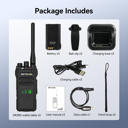 Retevis NR30D Long Range Walkie Talkies, DMR Two-Way Radios, Next-Gen Noise Cancellation, IP67, 2800 mAh, Compatible with Moto AES256 for Hotels (Black, 3 Pack)