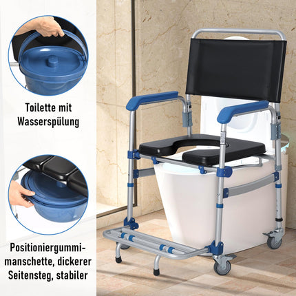 Mosegor height-adjustable toilet chairs, shower chairs with wheels, bedside chair with armrests, toilet wheelchair, mobile toilet chair, 150 kg load capacity, suitable for bedrooms, bathrooms, hospitals