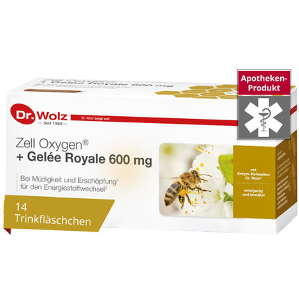Dr. Wolz Zell Oxygen + Royal Jelly 600 mg, natural enzyme yeast cells, for performance and energy, with fresh organic royal jelly and vitamins, 14 ampoules of 20 ml each