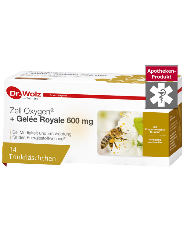 Dr. Wolz Zell Oxygen + Royal Jelly 600 mg, natural enzyme yeast cells, for performance and energy, with fresh organic royal jelly and vitamins, 14 ampoules of 20 ml each