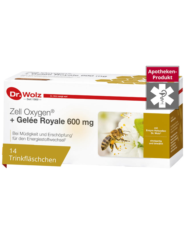 Dr. Wolz Zell Oxygen + Royal Jelly 600 mg, natural enzyme yeast cells, for performance and energy, with fresh organic royal jelly and vitamins, 14 ampoules of 20 ml each
