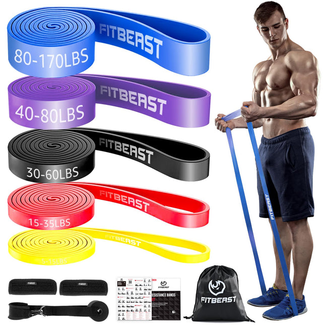 FitBeast Resistance Bands Set, 5 Level Pull-up Bands for Strength Training, CrossFit, Powerlifting, Muscle Building, Home Workout, Mobility, Stretching (Light Spectrum 5-170 LBS)