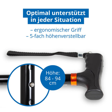 Weinberger telescopic walking stick, sturdy, foldable, height-adjustable, non-slip, comfortable, only 420 grams, max. 136 kg, travel walking stick, 48748, black