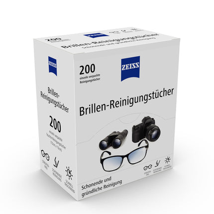 ZEISS eyeglass cleaning wipes with alcohol (200 wipes) for gentle and thorough cleaning of your lenses – each wipe individually wrapped – ideal for on the go or when traveling