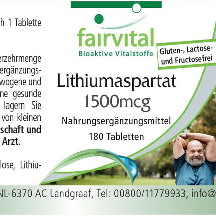 Fairvital | Lithium Aspartate 1500μg - 180 Tablets - Organically bound lithium - Highly bioavailable - Quality-tested and high-dose - 100% vegan - Made in Germany