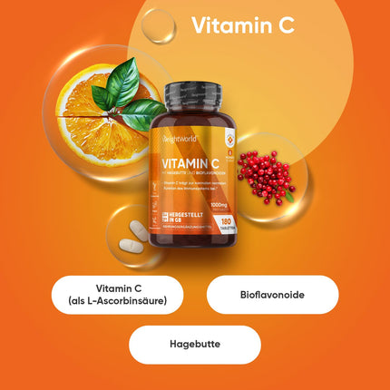 Vitamin C 1000mg per tablet - 180 vegan tablets for 6 months - Vit C as L-ascorbic acid with bioflavonoids &amp; rosehip - WeightWorld