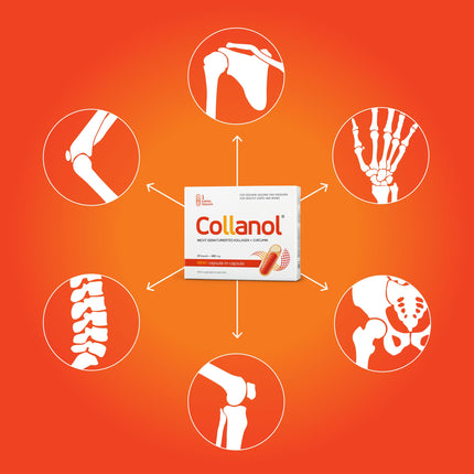 Collanol – Innovation in Joint Care. Liquid formula in a double capsule. 3D collagen + micellar extract of turmeric roots. 1 capsule/day. Laboratory-tested.
