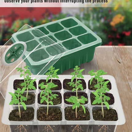 TOYPOPOR 12 Pack Indoor Greenhouse Propagator, 144 Mini Greenhouse Propagation Set with Raised Lid, Reusable Propagation Tray, Seedling Starter Trays for Seedlings - Green